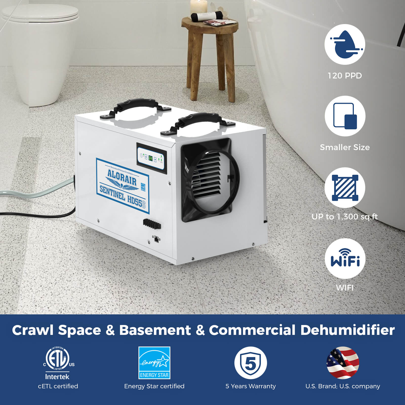 AlorAir Sentinel HD55S Dehumidifier with Wi - Fi | 120 pints per day - Pure n Natural Systems