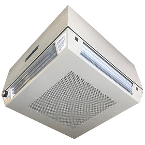 The CASE-1000 Smoke Eater is Semi-Flush. 8-inches goes into the ceiling and 4-inches hangs down to provide airflow on all 4 sides of the unit.